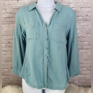 Eileen Fisher green blue collard long’s sleeve button down shirt